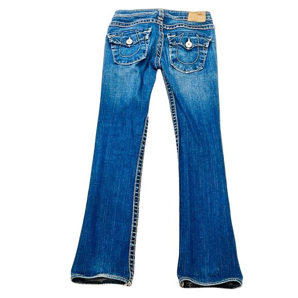 True Religion Joey Super Flared Jeans Women 27W x 30L Twisted Seam Thick Stitch - Picture 2 of 12